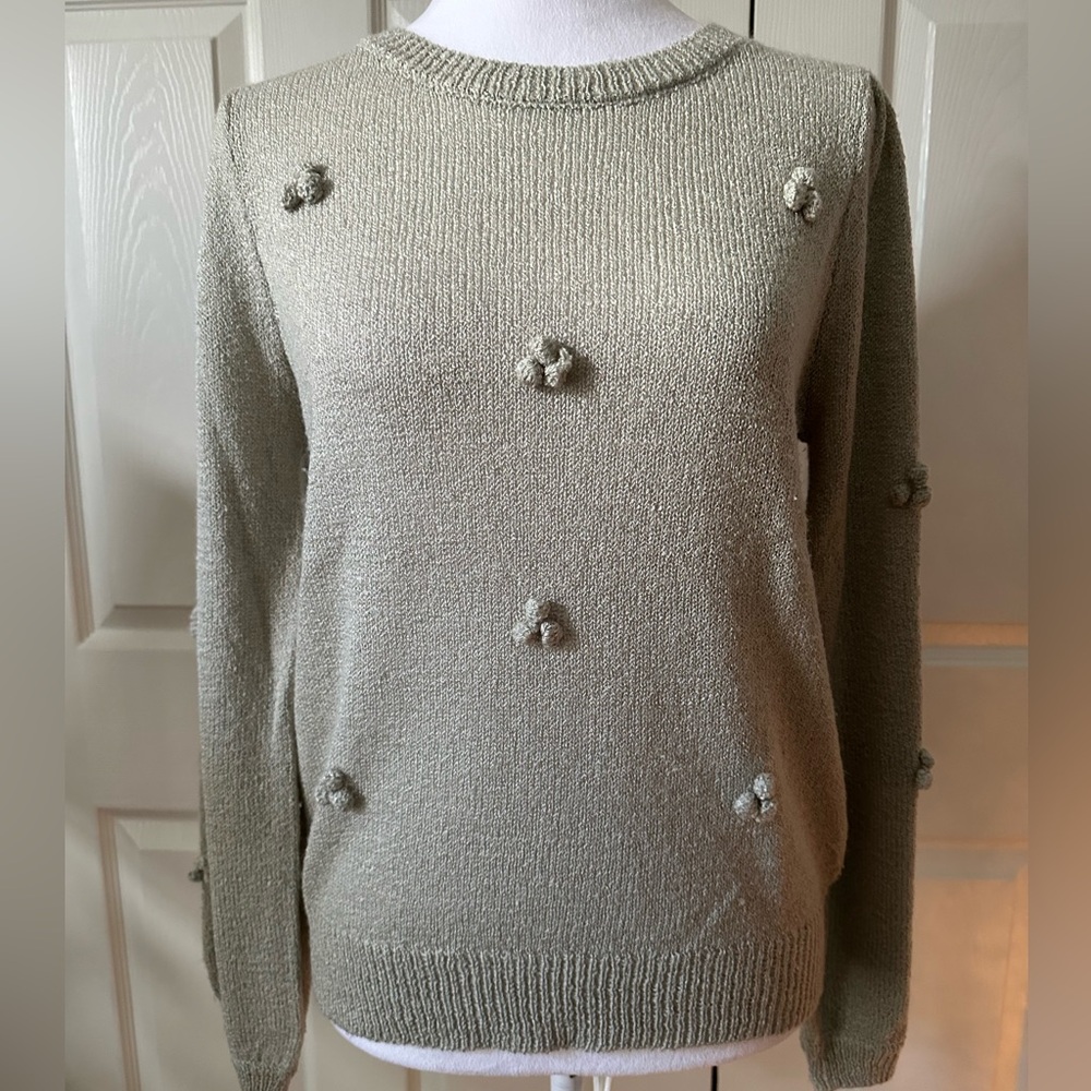 MINE sage green knit lightweight sweater with decorative accent